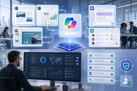 Futuristic Microsoft Copilot integrates office apps, collaboration tools, analytics, and security dashboards.