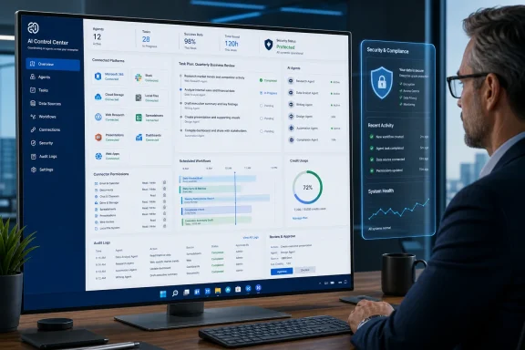 A professional monitors an AI control center dashboard showing agents, workflows, security, and system activity.