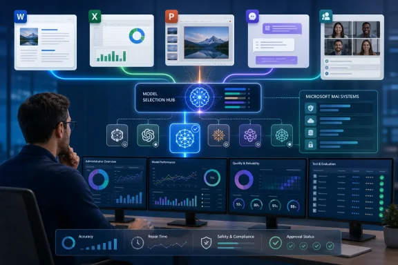 A man monitors an AI model selection hub and performance dashboards across multiple screens.