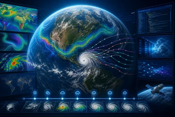Futuristic weather-monitoring dashboard shows Earth, hurricane paths, satellite imagery, and data visualizations. Futuristic weather-monitoring dashboard shows Earth, hurricane paths, satellite imagery, and data visualizations.