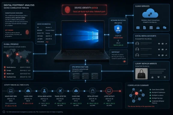Cybersecurity infographic tracing a device fingerprint across VPNs, cloud services, social media, and global locations. Cybersecurity infographic tracing a device fingerprint across VPNs, cloud services, social media, and global locations.