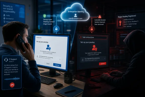 Split-screen illustration contrasts secure passkey setup with a hacker’s lookalike phishing attack.