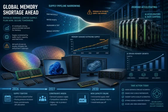 Infographic warns of a global memory shortage as AI demand outpaces supply, with chip production and growth projections.