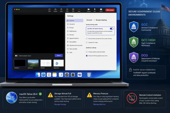 Laptop displays video conferencing screen-sharing settings alongside secure government cloud compliance panels. Laptop displays video conferencing screen-sharing settings alongside secure government cloud compliance panels.