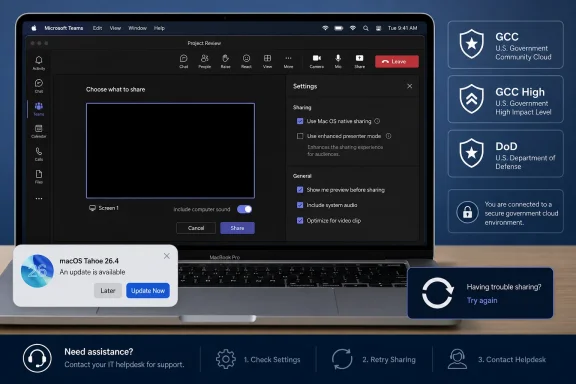 Microsoft Teams sharing settings appear on a MacBook, with an update prompt and troubleshooting guidance visible. Microsoft Teams sharing settings appear on a MacBook, with an update prompt and troubleshooting guidance visible.