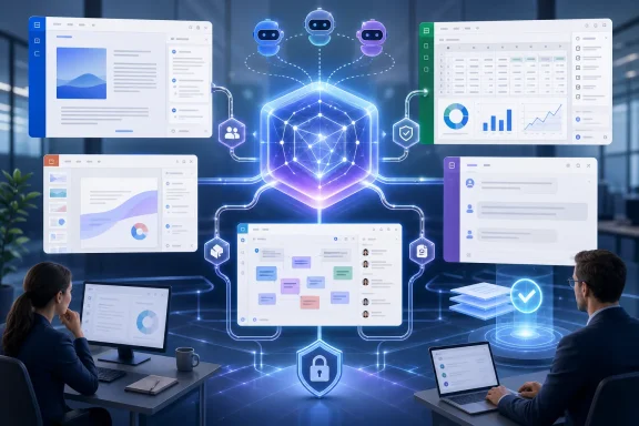 Futuristic business network with AI bots, dashboards, analytics, collaboration tools, and cybersecurity symbols. Futuristic business network with AI bots, dashboards, analytics, collaboration tools, and cybersecurity symbols.