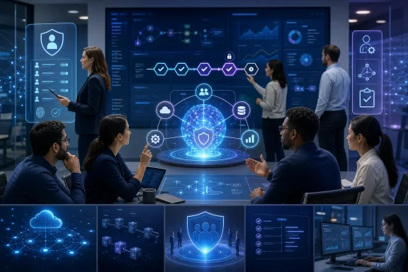 A team collaborates around a holographic cybersecurity dashboard in a high-tech office. A team collaborates around a holographic cybersecurity dashboard in a high-tech office.
