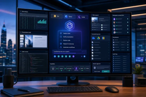 A widescreen monitor displays an AI-powered workspace dashboard for data analysis, presentations, coding, research, and workflows. A widescreen monitor displays an AI-powered workspace dashboard for data analysis, presentations, coding, research, and workflows.
