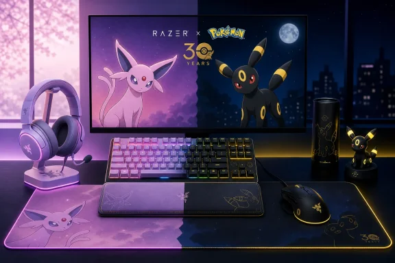 Razer Pokémon-themed gaming setup featuring Espeon and Umbreon, RGB peripherals, and matching desk accessories.