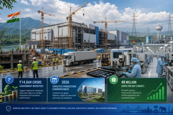 Indian semiconductor plant under construction with cleanroom production and graphics highlighting incentives and capacity targets. Indian semiconductor plant under construction with cleanroom production and graphics highlighting incentives and capacity targets.