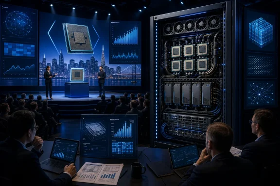 A technology presentation showcases a giant processor, data-center hardware, analytics screens, and an attentive audience.