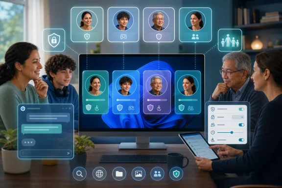 Family members review a digital dashboard of profiles, privacy controls, and accessibility settings.