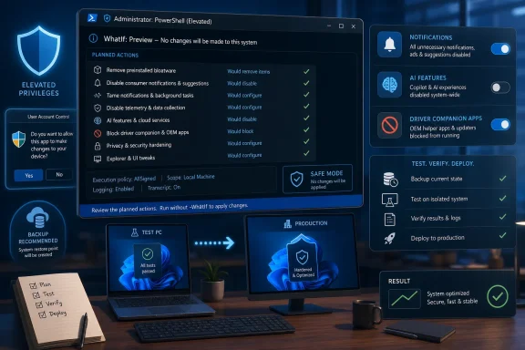 A PowerShell hardening dashboard previews privacy, security, and system optimization changes before deployment. A PowerShell hardening dashboard previews privacy, security, and system optimization changes before deployment.