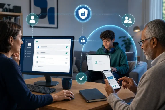 People collaborate across devices while glowing security icons emphasize protected digital access.