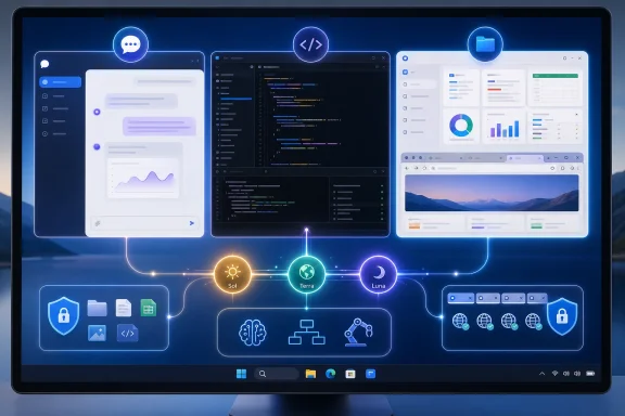 Futuristic monitor displaying interconnected chat, coding, analytics, cloud, and security interfaces. Futuristic monitor displaying interconnected chat, coding, analytics, cloud, and security interfaces.