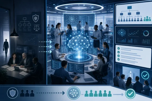 A futuristic operations center blends governance, collaboration, analytics, and AI-powered decision-making. A futuristic operations center blends governance, collaboration, analytics, and AI-powered decision-making.
