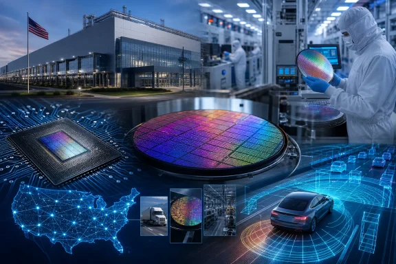 Semiconductor factory montage showing chip wafers, cleanroom production, U.S. logistics, and an autonomous electric car. Semiconductor factory montage showing chip wafers, cleanroom production, U.S. logistics, and an autonomous electric car.