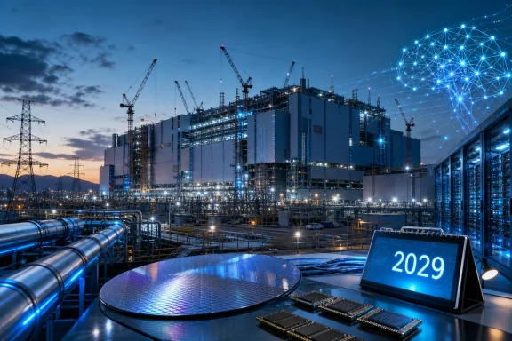 A futuristic industrial facility blends cranes, pipelines, data servers, computer chips, and a glowing 2029 display. A futuristic industrial facility blends cranes, pipelines, data servers, computer chips, and a glowing 2029 display.
