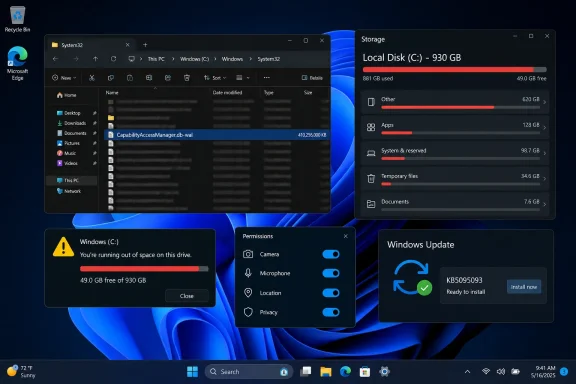 Windows 11 desktop shows low disk space, storage usage, System32 files, permissions, and a pending update. Windows 11 desktop shows low disk space, storage usage, System32 files, permissions, and a pending update.