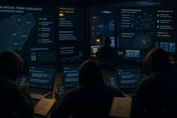 Hooded operators monitor AI-driven influence threats targeting northeastern Nigeria. Hooded operators monitor AI-driven influence threats targeting northeastern Nigeria.