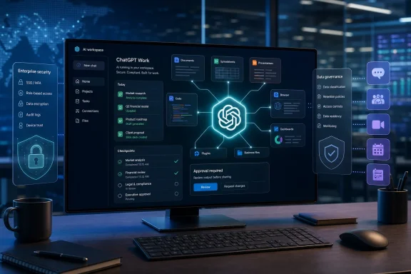 A monitor displays an AI workspace dashboard with enterprise security, governance, documents, and workflow tools.