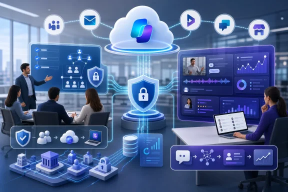 Futuristic business dashboard showcasing cloud collaboration, analytics, networking, and cybersecurity.