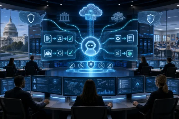 Cybersecurity team monitors an AI-powered governance dashboard in a high-tech command center.