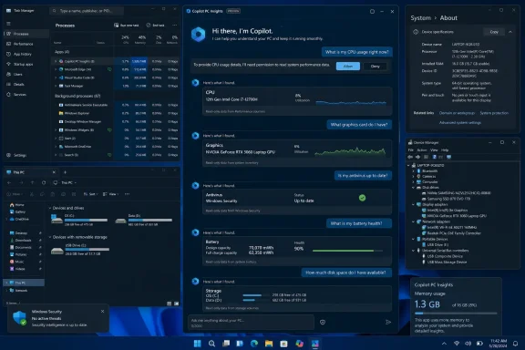 Windows desktop shows Copilot PC Insights alongside Task Manager, system information, storage, and device management windows. Windows desktop shows Copilot PC Insights alongside Task Manager, system information, storage, and device management windows.