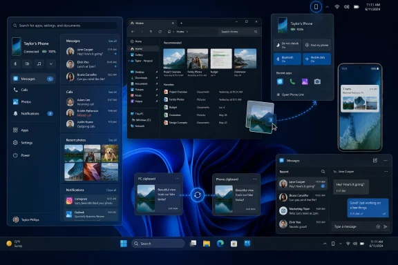 Windows desktop showing Phone Link syncing messages, photos, calls, clipboard, and files with Taylor’s phone. Windows desktop showing Phone Link syncing messages, photos, calls, clipboard, and files with Taylor’s phone.
