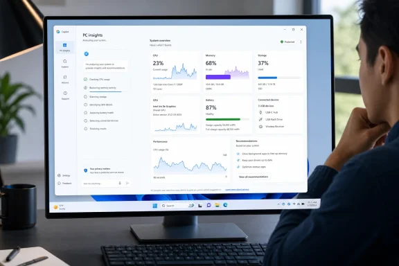 Person viewing a monitor displaying a PC system insights dashboard with performance metrics and recommendations. Person viewing a monitor displaying a PC system insights dashboard with performance metrics and recommendations.