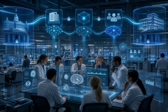 Scientists collaborate around holographic brain scans in a futuristic AI research laboratory. Scientists collaborate around holographic brain scans in a futuristic AI research laboratory.