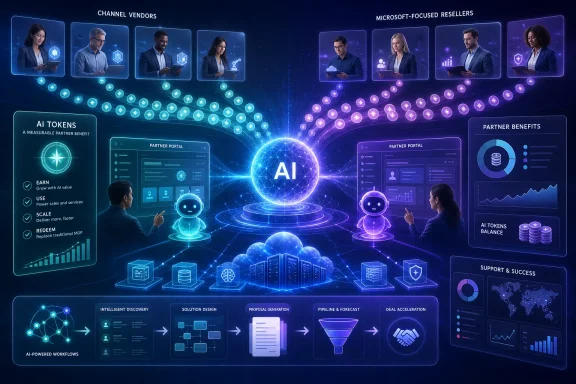 Futuristic AI partner ecosystem infographic linking vendors, resellers, portals, tokens, benefits, and workflows.