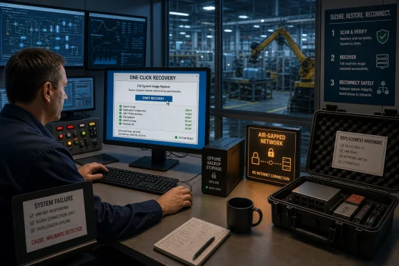 Technician initiates one-click system recovery in an air-gapped industrial control room.