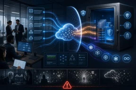 Futuristic cybersecurity dashboard shows a glowing cloud linking office workers to secure data storage. Futuristic cybersecurity dashboard shows a glowing cloud linking office workers to secure data storage.