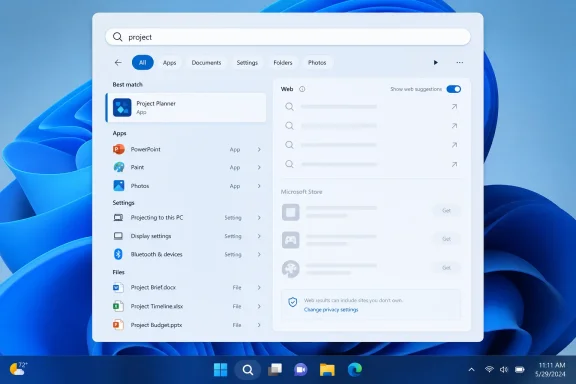 Windows 11 search results for “project,” showing apps, settings, and project files.