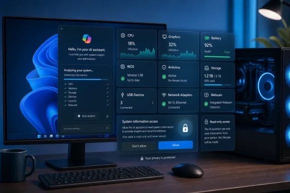 A desktop monitor displays an AI assistant analyzing system health, hardware usage, security, and connectivity. A desktop monitor displays an AI assistant analyzing system health, hardware usage, security, and connectivity.