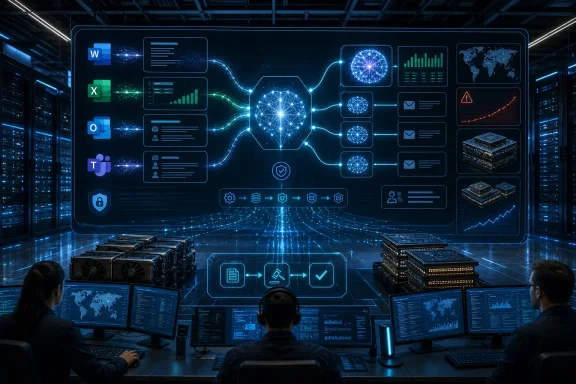 Analysts monitor a futuristic AI-powered cybersecurity dashboard in a server-filled control room. Analysts monitor a futuristic AI-powered cybersecurity dashboard in a server-filled control room.