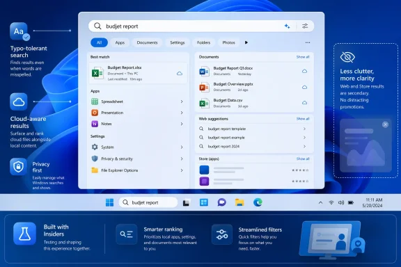 Promotional graphic showcasing Windows search features, including typo tolerance, cloud results, privacy, and smarter filtering.