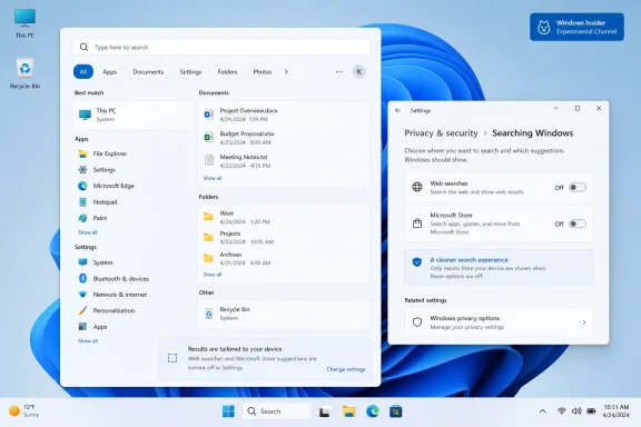 Windows 11 desktop showing Search results beside Privacy & security settings with web searches disabled.