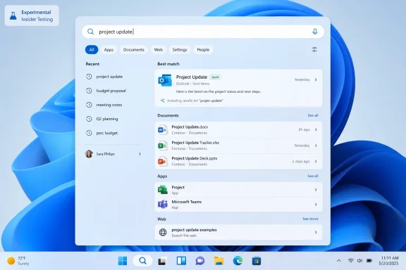 Windows search displays “project update” results, including an Outlook email, documents, apps, and web results.