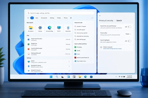 Windows 11 desktop showing the Search panel beside Privacy & security settings.