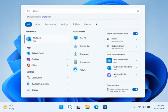 Windows 11 Search shows Outlook as the best match, with apps, folders, settings, and the taskbar visible.