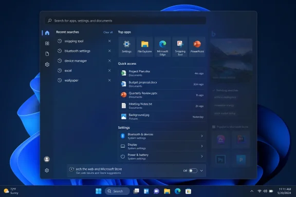 Windows 11 search panel showing recent searches, top apps, quick-access files, and settings.