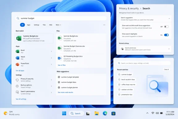 Windows 11 search interface showing “summer budget” results, privacy settings, and recent searches.