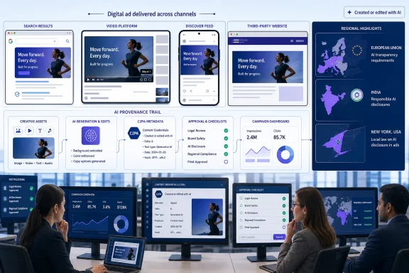 Infographic shows an AI-generated ad’s cross-channel delivery, provenance tracking, approvals, analytics, and regional compliance.