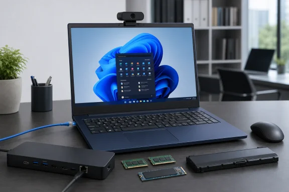 Laptop with webcam, dock, mouse, battery, and loose RAM and SSD components on a desk.