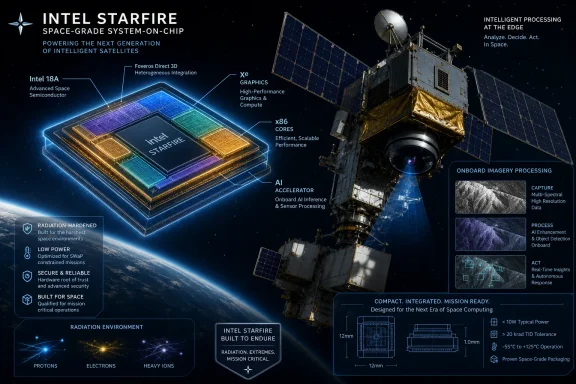 Infographic showcasing Intel Starfire space-grade chip powering AI processing aboard an Earth-orbiting satellite.