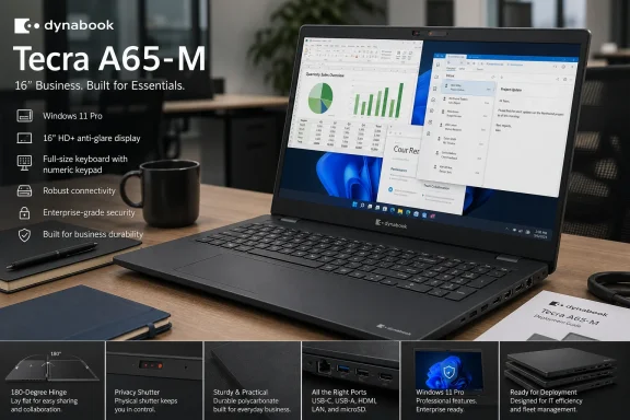 Dynabook Tecra A65-M business laptop displayed with features, specifications, and connectivity highlights.