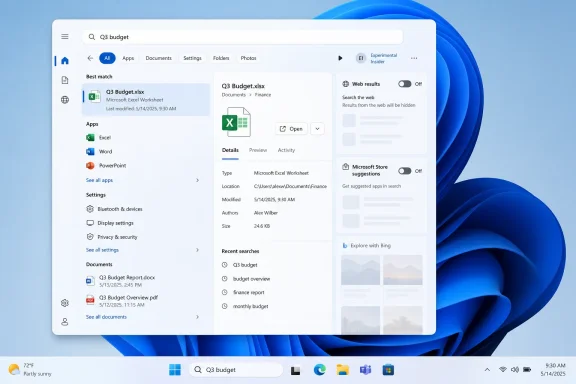 Windows search displays “Q3 budget” results, highlighting an Excel spreadsheet and related documents.