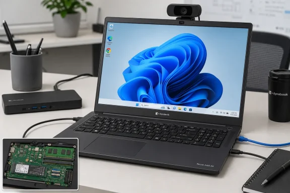 A Dynabook Windows 11 laptop with webcam, dock, peripherals, and an inset view of its internal components. A Dynabook Windows 11 laptop with webcam, dock, peripherals, and an inset view of its internal components.
